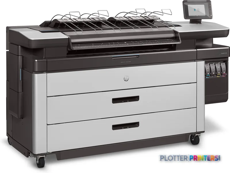 HP PageWide XL 4500 large format printer product image showing black and white inkjet printer with paper feed system and con…
