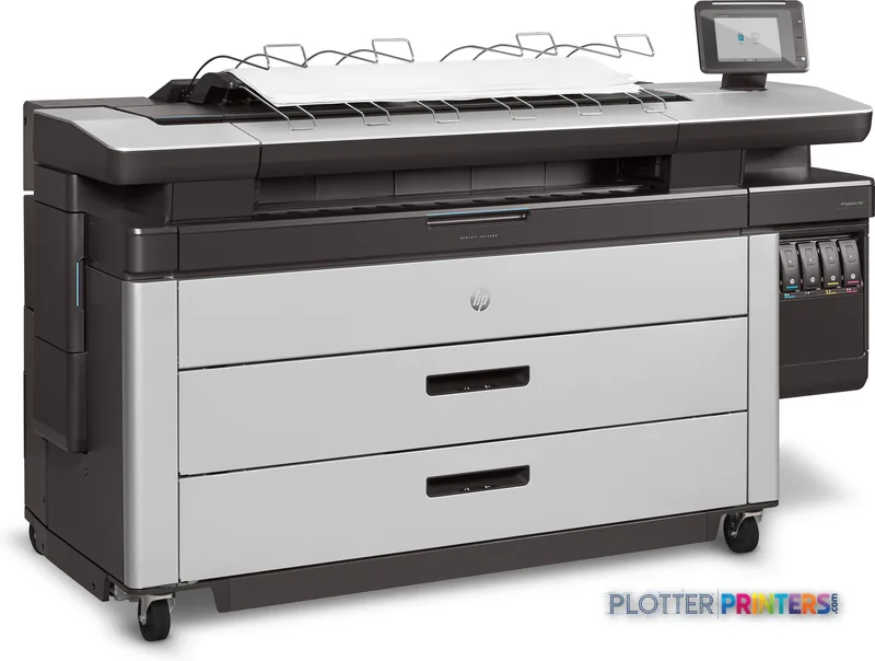HP PageWide XL 4500 large format printer product image showing black and white inkjet printer with paper output tray and con…
