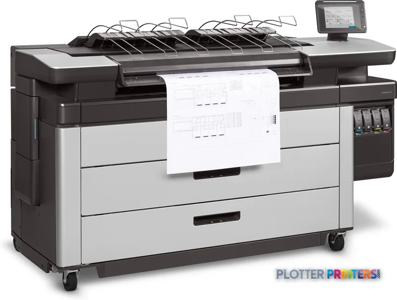 HP PageWide XL 4500 large format printer product image showing black and white inkjet printer with paper output and control…