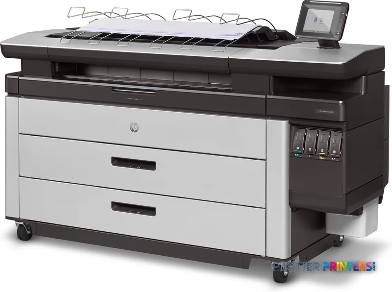 HP PageWide XL 4500 large format printer product image showing black and white inkjet printer with touch screen and paper fe…