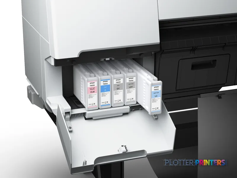 Epson SureColor SC-P20000 product image showing open ink cartridge bay with multiple colored ink tanks installed