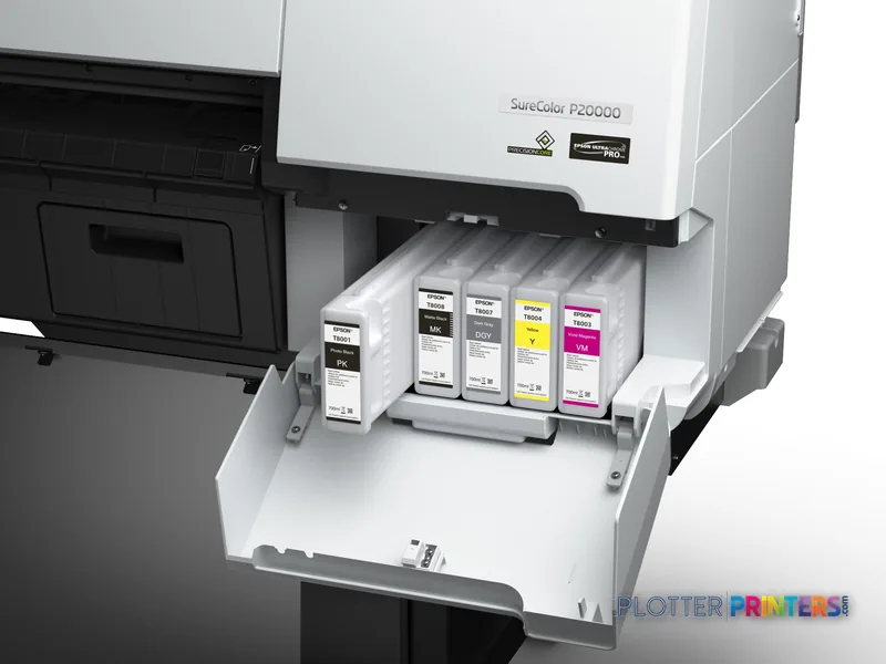 Epson SureColor SC-P20000 product image showing open ink cartridge bay with multiple color ink tanks