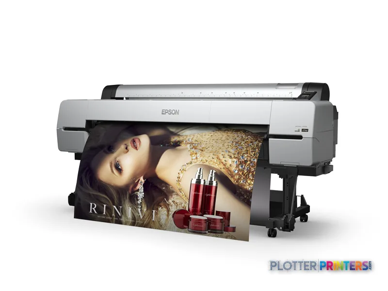 Epson SureColor SC-P20000 large-format printer product image showing silver and black machine with beauty product advertisem…