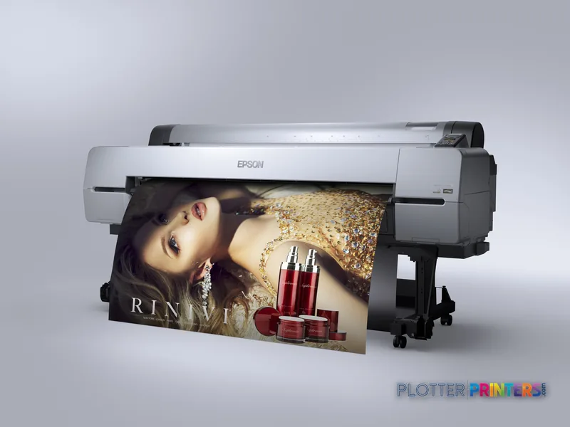 Epson SureColor SC-P20000 large-format printer product image with silver and black finish printing a cosmetics advertisement