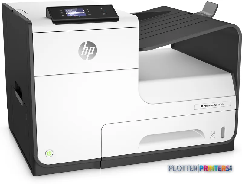 HP PageWide Pro 452dw Printer product image showing grey and white large-format printer with output tray extended