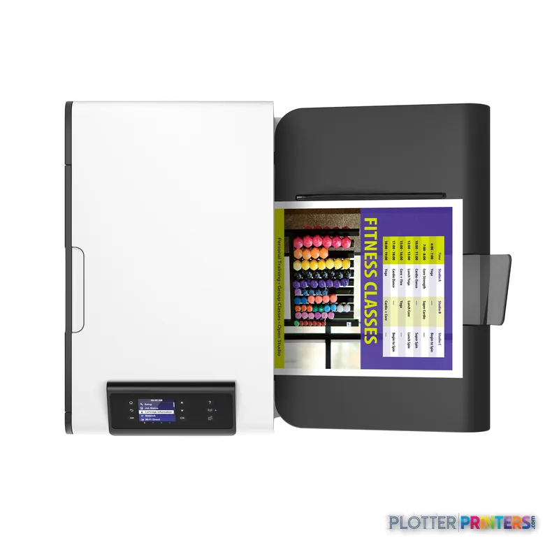 HP PageWide Pro 452dw Printer product image showing grey printer with control panel and color output sample