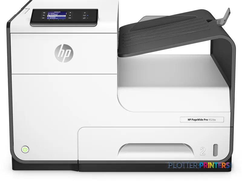 HP PageWide Pro 452dw Printer product image showing white and grey large-format printer with open output tray