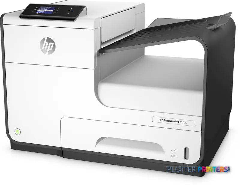 HP PageWide Pro 452dw Printer product image showing grey and white large-format printer with open output tray