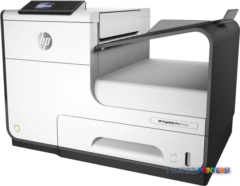 HP PageWide Pro 452dw Printer product image showing grey and white large-format printer with output tray extended