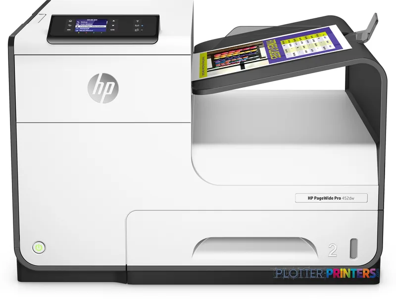 HP PageWide Pro 452dw Printer product image showing grey and white large-format printer with open output tray