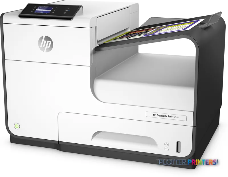 HP PageWide Pro 452dw Printer product image showing grey and white large-format printer with output tray extended