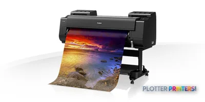 Canon imagePROGRAF PRO-4000S large format printer product image showing the device printing a colorful landscape photo on wi…