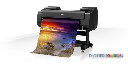 Canon imagePROGRAF PRO-4000S large format printer product image showing the device printing a colorful landscape photo on wi…