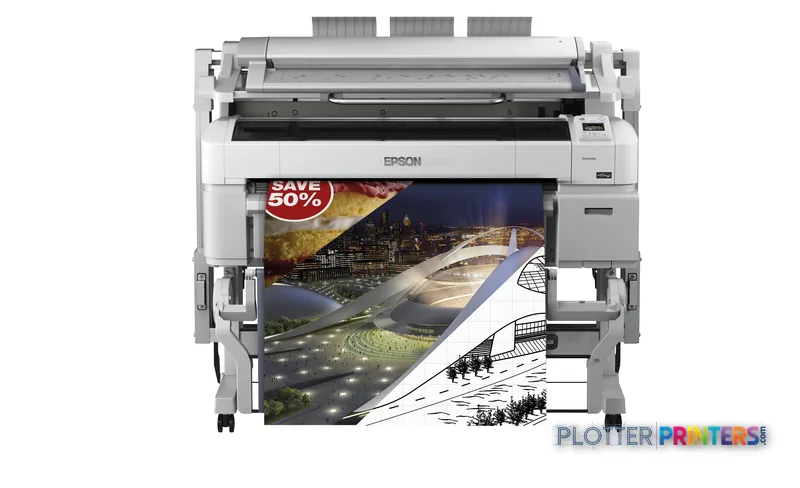 Epson SureColor SC-T5200 MFP HDD large-format printer front view with sample color prints