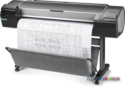 HP Designjet Z5600 44-in large format printer product image showing black printer with architectural blueprint output