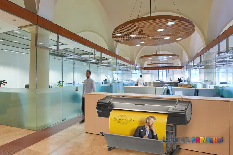 HP Designjet Z5600 44-in PostScript printer in modern office setting printing yellow banner