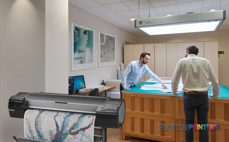 HP Designjet Z5600 44-in PostScript printer in a professional office setting, printing a large-format map
