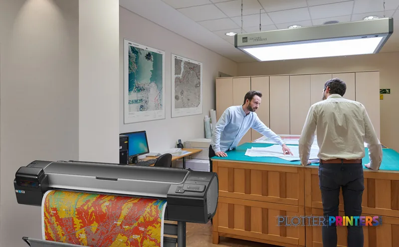 HP Designjet Z5600 44-in PostScript printer in a professional office setting, printing colorful large-format output