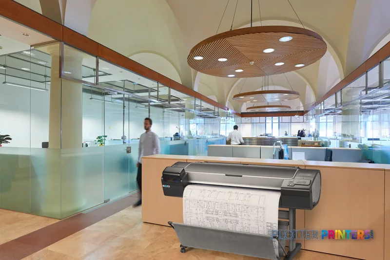 HP Designjet Z5600 44-in PostScript printer in modern office setting with paper output