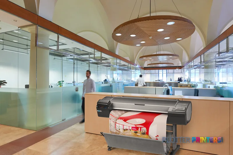 HP Designjet Z5600 44-in PostScript printer in modern office setting, printing red graphic design