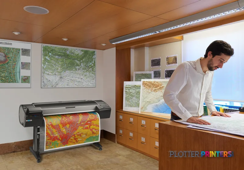 HP Designjet Z5600 44-in PostScript printer in office setting with colorful map output