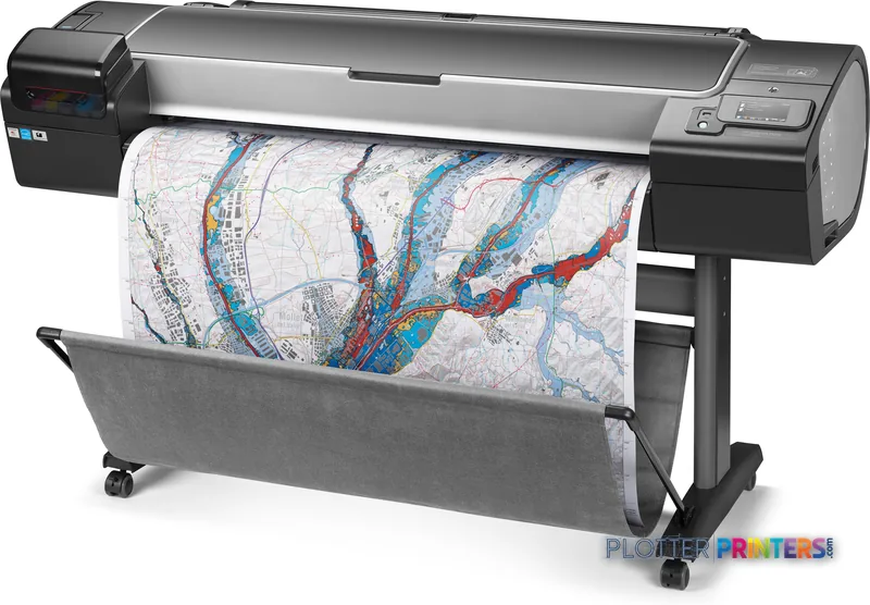 HP Designjet Z5600 44-in large format printer product image showing black thermal inkjet printer with detailed map output