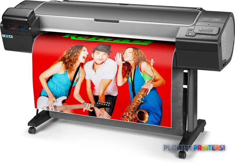 HP Designjet Z5600 44-in large format printer product image showing black printer with red banner output