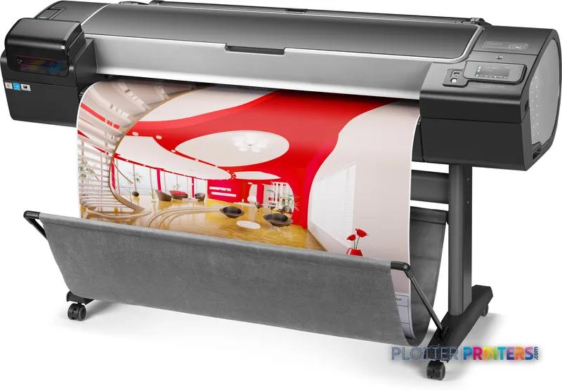 HP Designjet Z5600 44-in large format printer product image showing black printer with red interior design print output