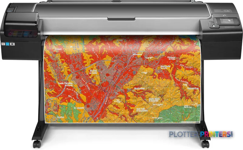 HP Designjet Z5600 44-in large format printer product image showing the black printer with a colorful map print output