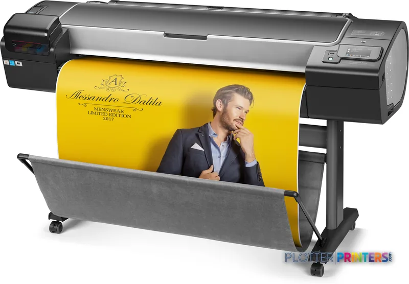 HP Designjet Z5600 44-in large format printer product image showing black thermal inkjet printer with yellow banner output
