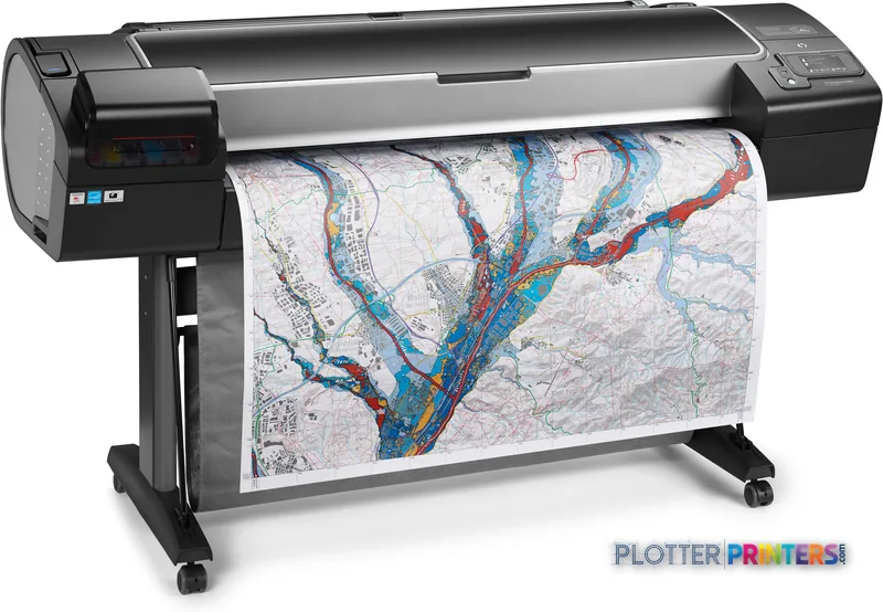 HP Designjet Z5600 44-in PostScript large format printer product image showing black printer with colorful map output