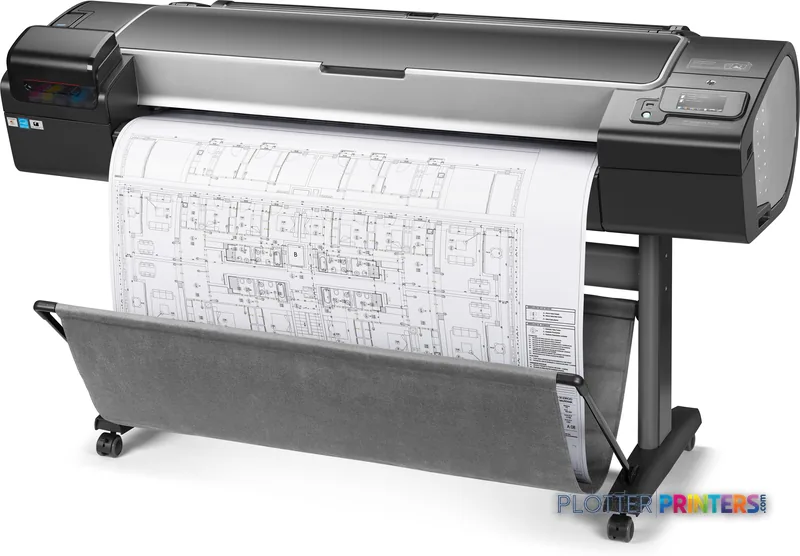 HP Designjet Z5600 44-in large format printer product image showing black printer with architectural blueprint output
