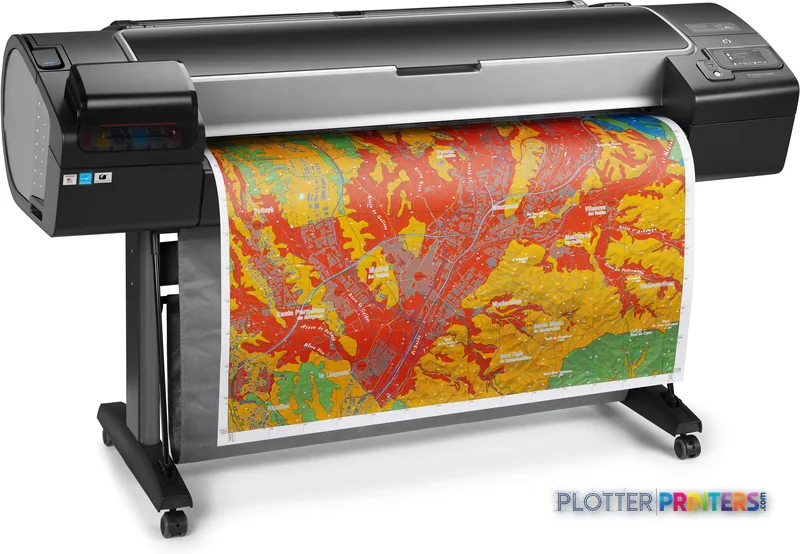 HP Designjet Z5600 44-in PostScript large format printer product image showing black printer with colorful map output