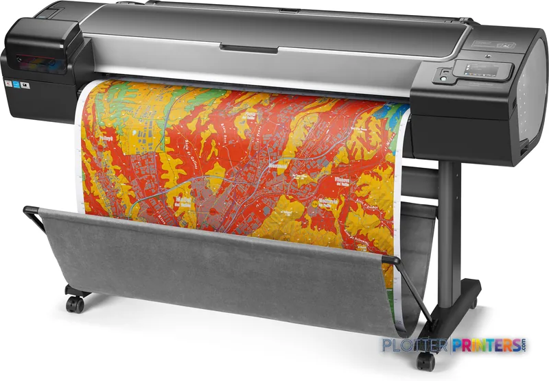 HP Designjet Z5600 44-in large format printer product image showing black printer with colorful map printout