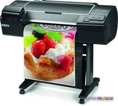 HP Designjet Z2600 24-in large format printer product image showing black printer with colorful food print output