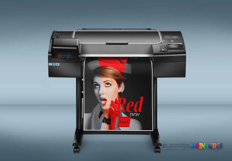 HP Designjet Z2600 24-in large format printer lifestyle image showing the black printer with a vibrant color portrait print