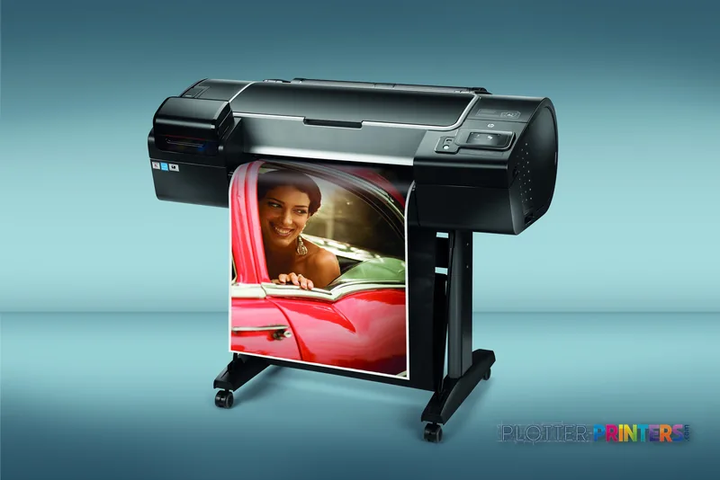 HP Designjet Z2600 24-in PostScript printer lifestyle image showing vibrant color photo output of a woman in a red car