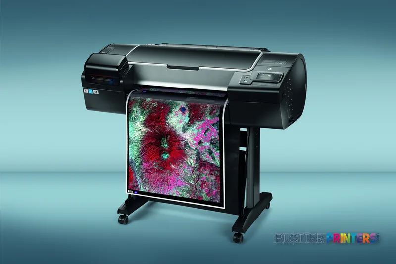 HP Designjet Z2600 24-in PostScript large format printer lifestyle image showing the black printer on a stand with a vibrant…