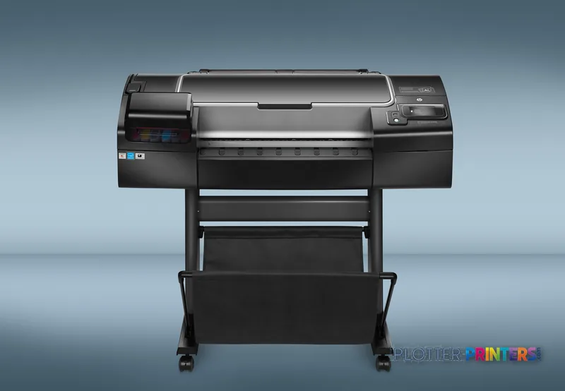 HP Designjet Z2600 24-in PostScript large format printer lifestyle image showing black printer on stand