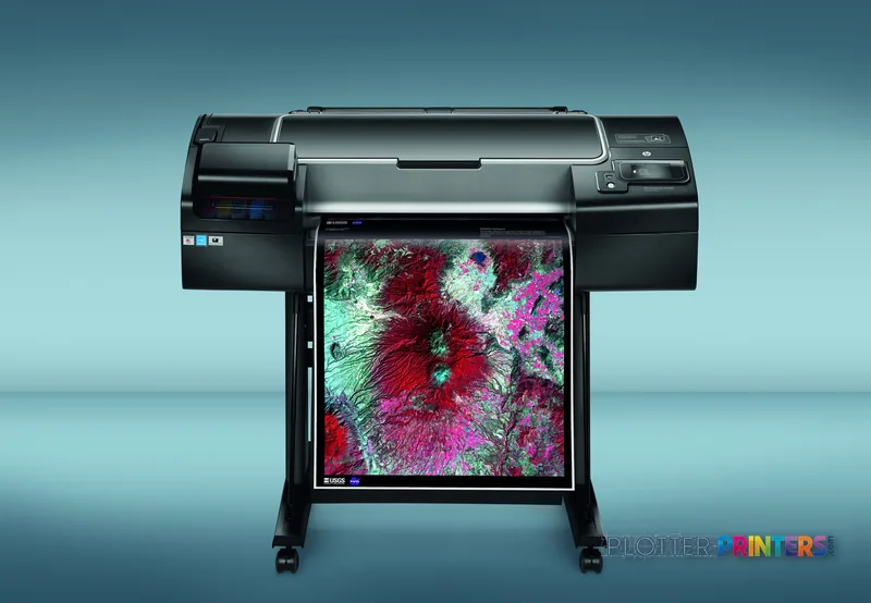 HP Designjet Z2600 24-in PostScript large format printer lifestyle image showing the black printer with a vibrant floral pri…