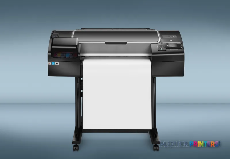 HP Designjet Z2600 24-in PostScript large format printer lifestyle image showing black printer with blank paper loaded on st…