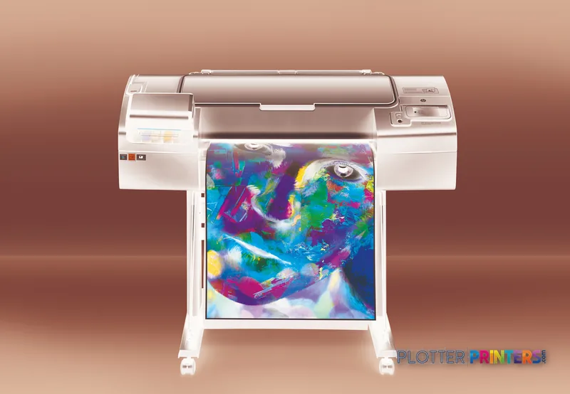 HP Designjet Z2600 24-in large format printer product image showing white printer with colorful printed output