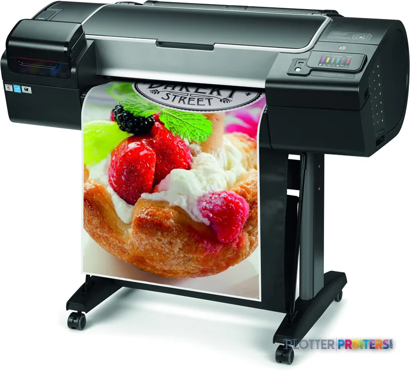 HP Designjet Z2600 24-in large format printer product image showing black printer with colorful food print output