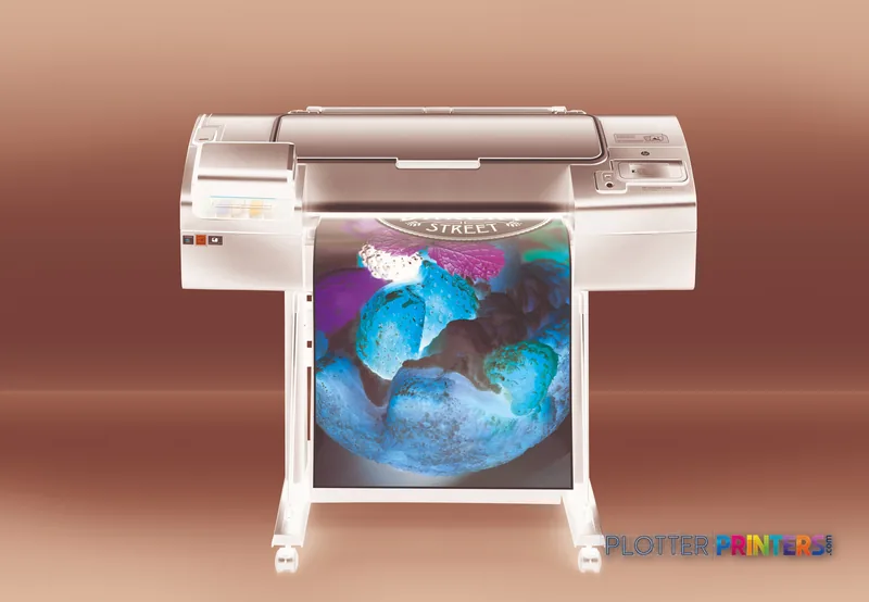 HP Designjet Z2600 24-in PostScript large format printer product image showing white printer with colorful globe print output
