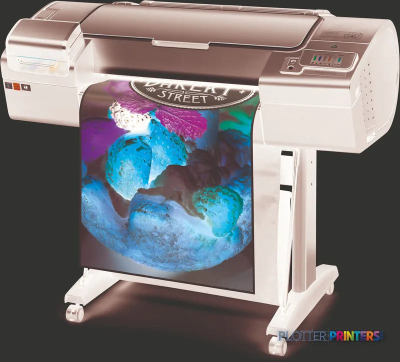 HP Designjet Z2600 24-in large format printer product image showing the device printing a vibrant color photo on roll media