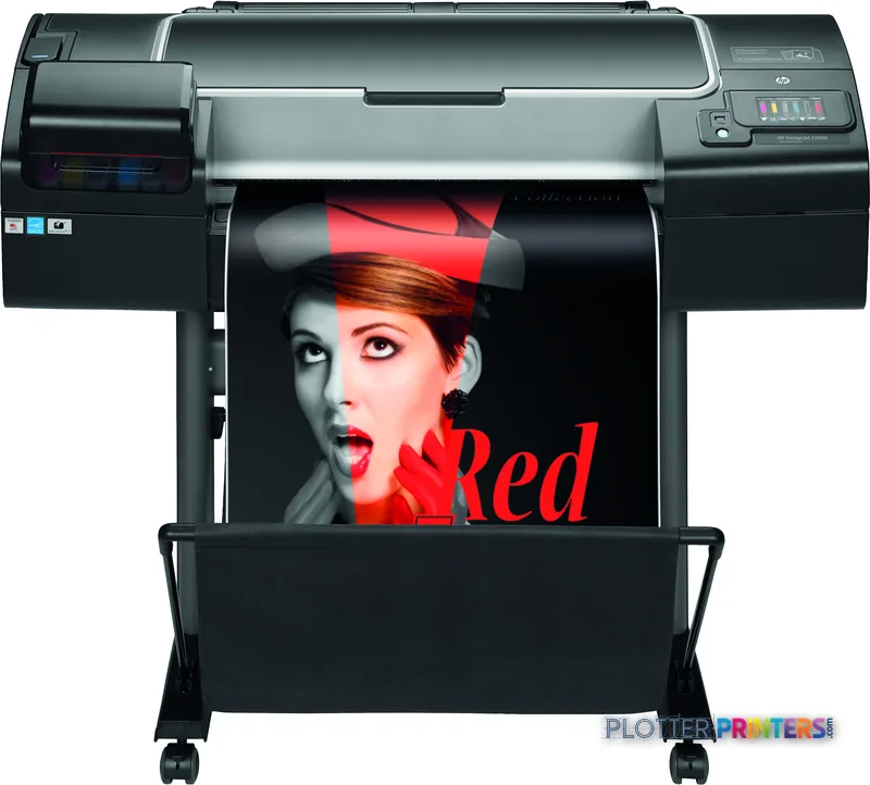 HP Designjet Z2600 24-in large format printer product view showing black thermal inkjet printer with color portrait print ou…