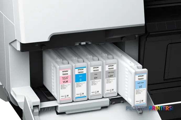 Epson SureColor P10000 Standard Edition product image showing open ink cartridge bay with color and light gray ink tanks