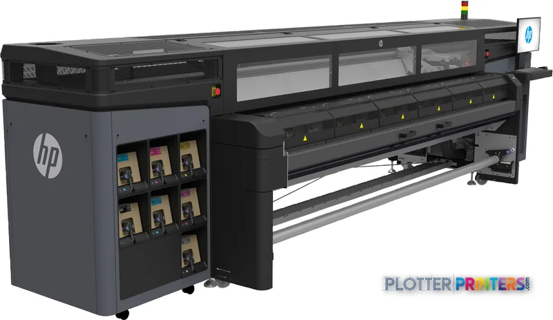 HP Latex 1500 Printer large-format printer front-right view showing black and grey body with ink cartridge storage