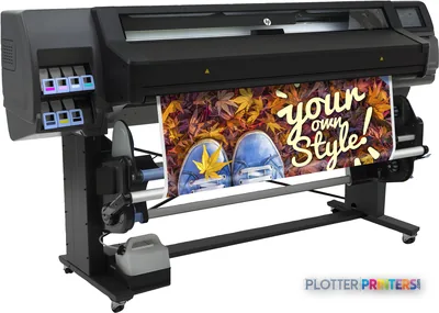 HP Latex 560 Printer large-format printer with colorful autumn-themed print output displayed on media