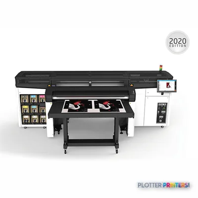 HP Latex 570 Printer large-format printer with annotated features showing black and grey chassis with output tray extended